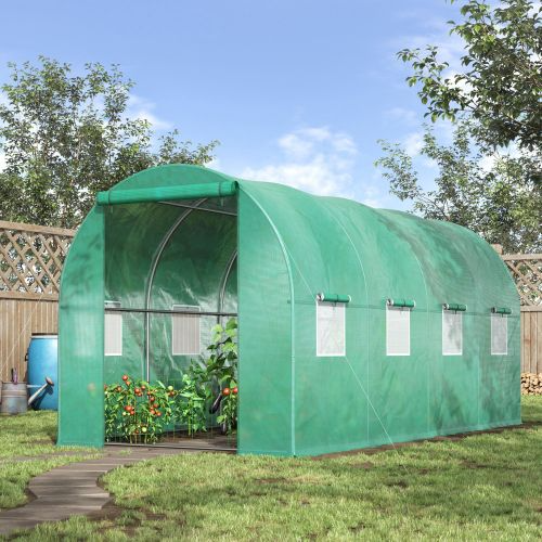 Outsunny 15x 7x 6.5 Walk-in Tunnel Hoop Greenhouse, Green House With Polyethylene PE Cover, Steel Frame, Roll-Up Zipper 