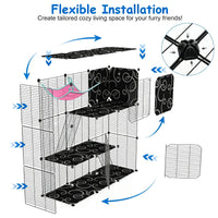 3-Level Metal Cat Cage Enclosure, Modular Pet Habitat with 3 Doors, 2 Ladders, Plush Hammock and Toy Ball for Small Indo