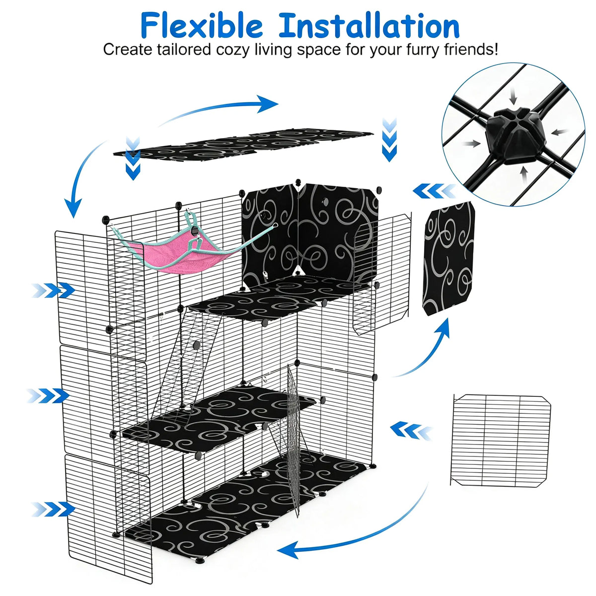 3-Level Metal Cat Cage Enclosure, Modular Pet Habitat with 3 Doors, 2 Ladders, Plush Hammock and Toy Ball for Small Indo