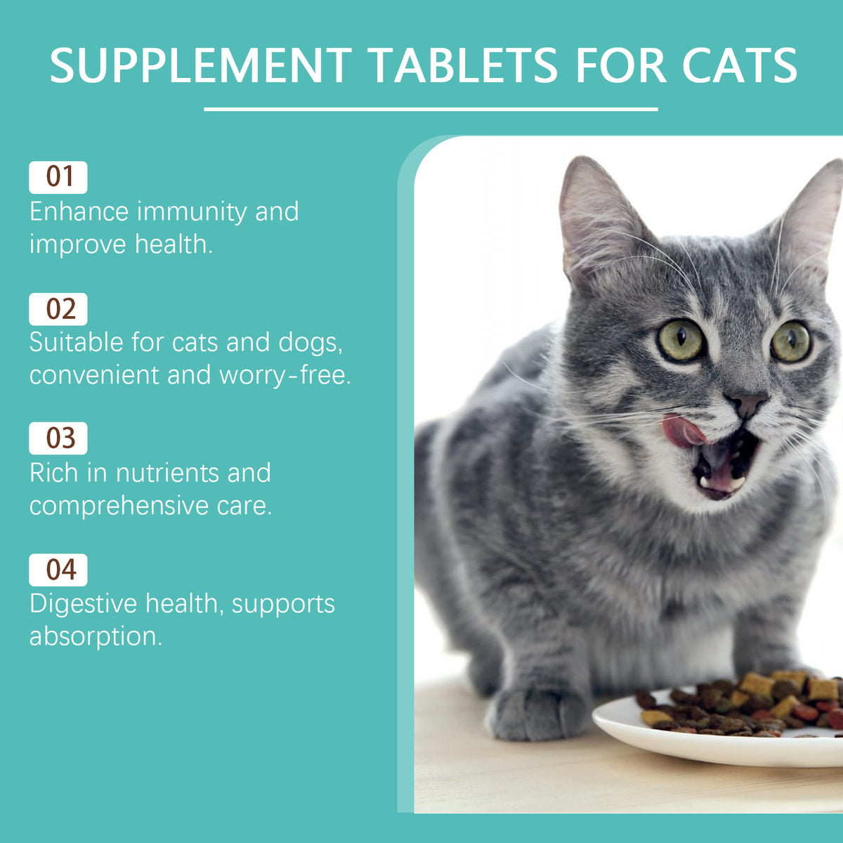 Cat Probiotic Supplement Tablets, Gut & Digestive Health Support With Vitamin B2 & Selenium, Immune, Skin & Vision Care,