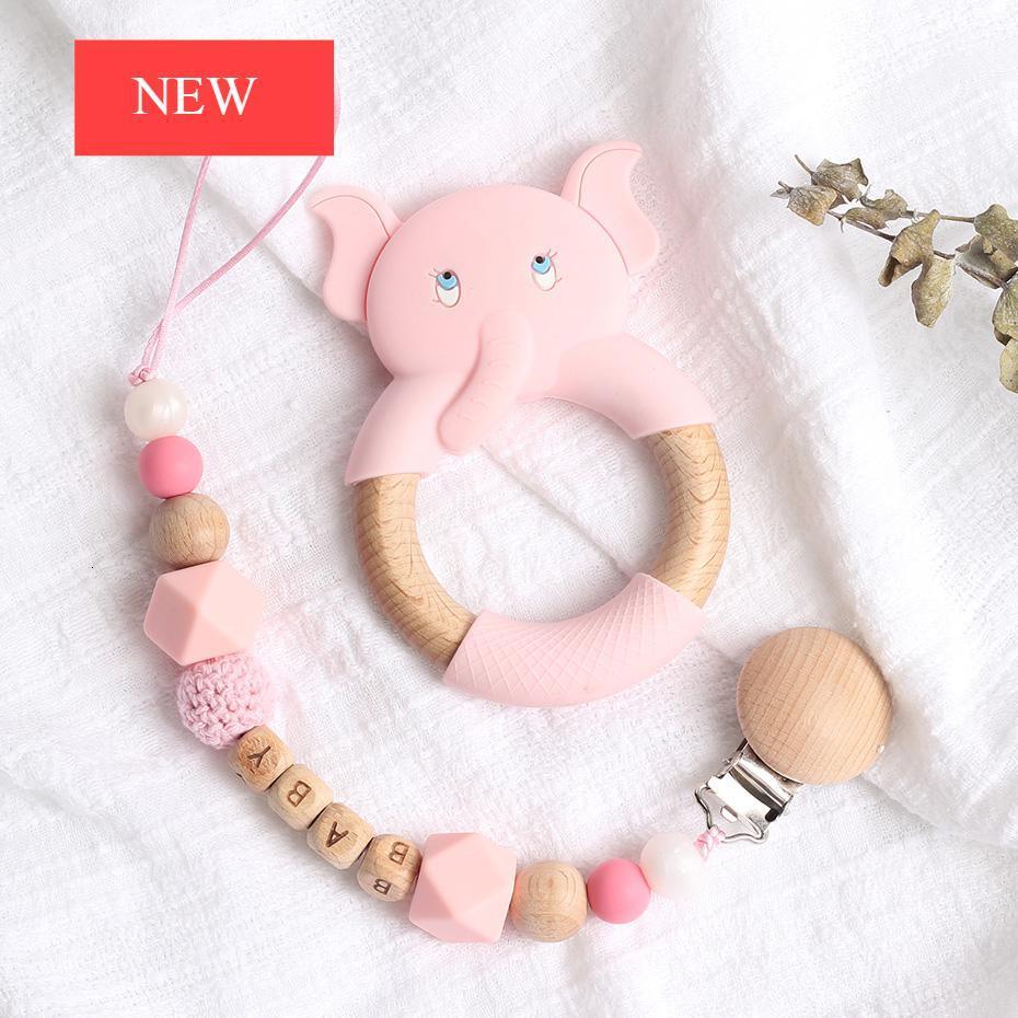 Modern Luxury Pacifier Clip Chain Beech Beads Silicone Elephant Pendant Baby Teething Nursing Clips Chain For Baby - BIG FRENCHIES