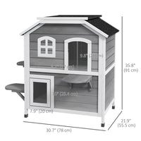 2-Storey Outdoor Cat House, Wooden Catio with Openable Roof, Lounge Space, Fun Entrances, for Feral Cats, Grey
