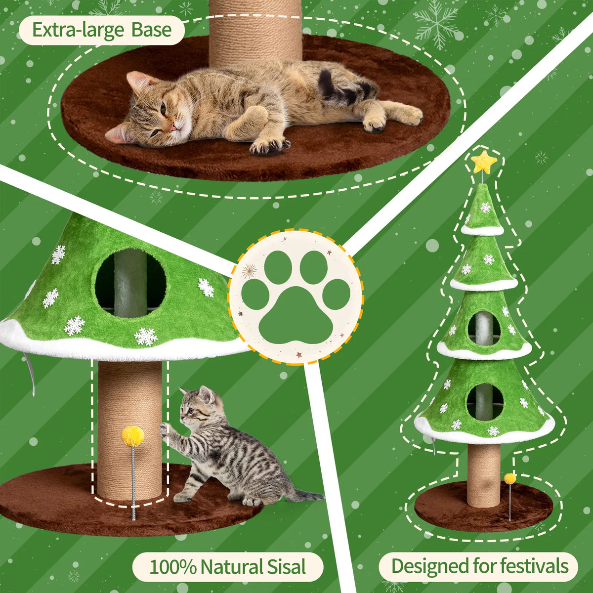59in Large Tall Christmas Tree Cat Tower with 2 Cat Condos & Scratching Post, Soft Fleece Cat Tree with Teaser Toy & Stu
