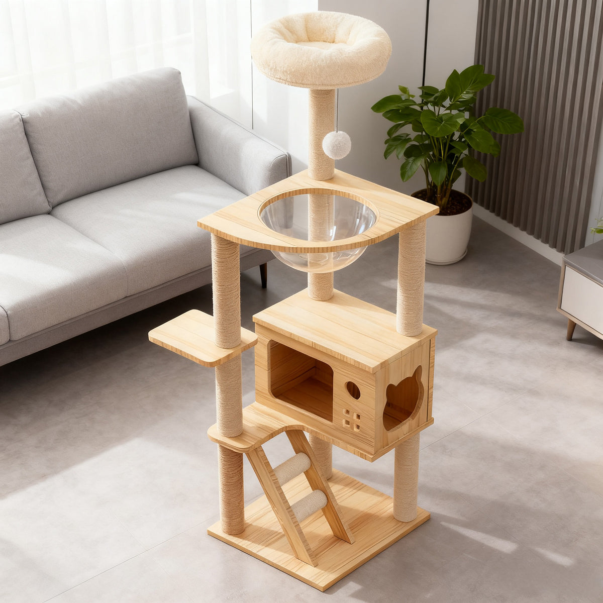 48.8" Modern Cat Tower, Wood Cat Tree Tower for Indoor Cats, Cat Treewith Sisal-Covered Scratching Posts and Top Perch, 