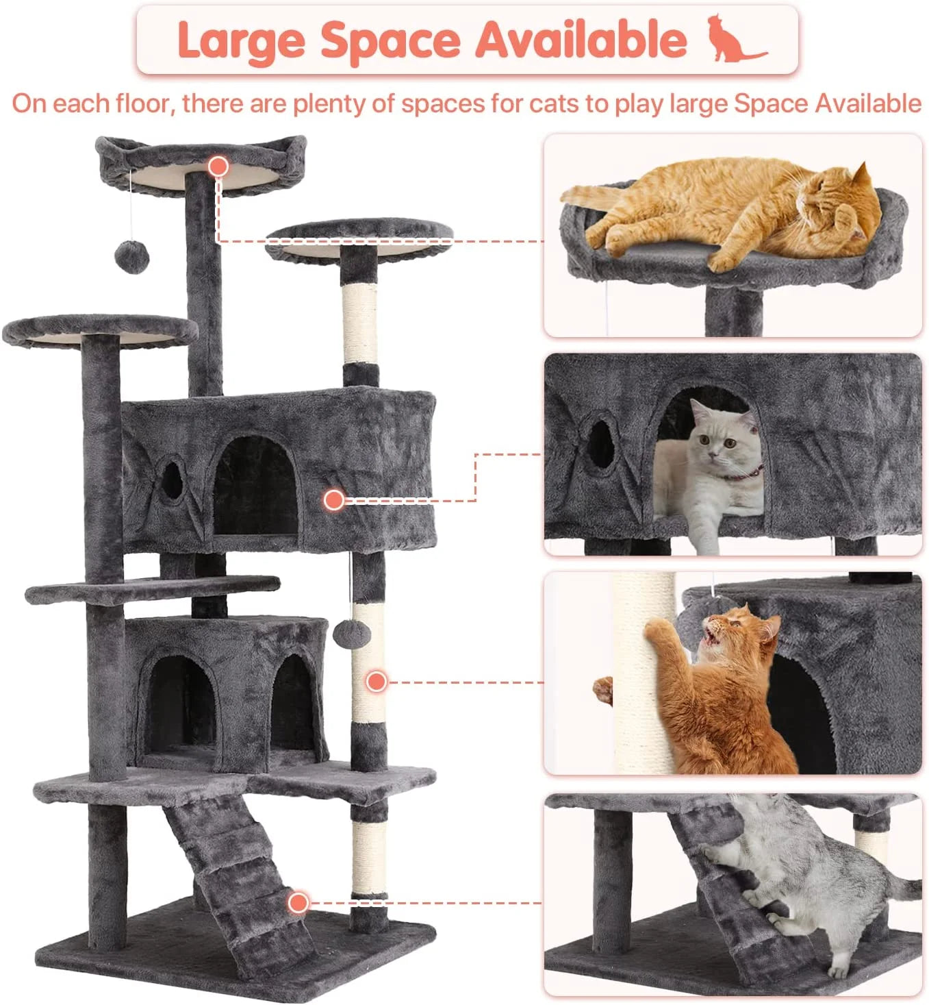 Ultimate 54-Inch Double Condo Cat Tree Tower with Scratching Post & Cozy Perch for Indoor Cats - Stylish Ashy Design - BIG FRENCHIES