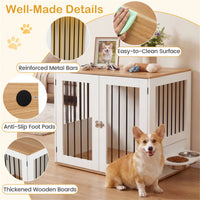 Furniture Style Dog Crate with 360° Rotating Feeder & 304 Stainless Steel Bowls, Double Locking Indoor Dog Kennel