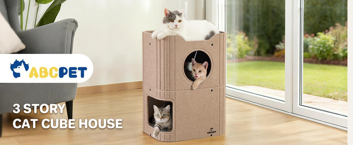 ABCPET Cat House Indoor Felt Cat Bed Scratch-Resistant Kitten Cube With Hanging Ball Light Gray,Pickup Only