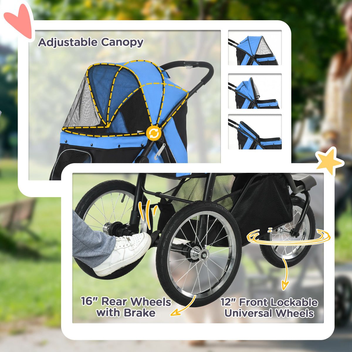 3 Wheels Pet Stroller for Small Dogs and Medium Dogs with Adjustable Canopy, Safety Tether, Storage Basket, Blue