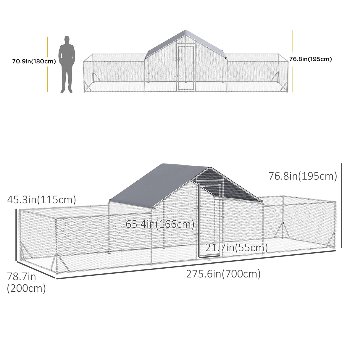 Chicken Run, 23' x 6.6' Metal Chicken Coop with Waterproof and Anti-UV Cover, Spire Roof, Door, for 12-14 Chickens, Duck