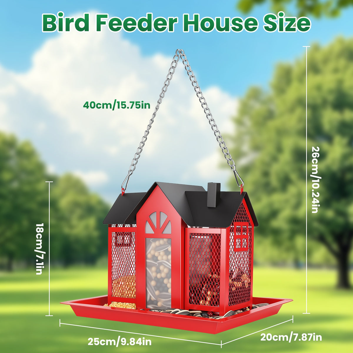 1Pc Metal Hanging Bird Feeder House Classic Barn Bird Feeder House Iron Hanging Outdoor Feeder With Visible Window And L