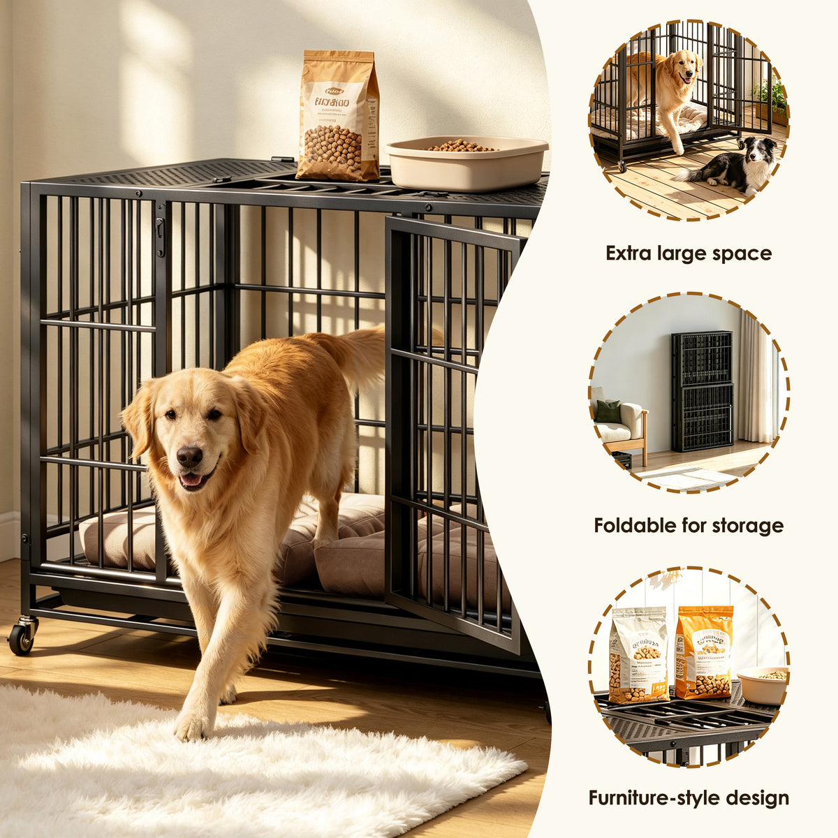 Heavy Duty Dog Crate , Mobile Pet Kennel with Lockable Wheels & Rotary Twist-Latch, Indoor Outdoor Metal Cage with Perfo