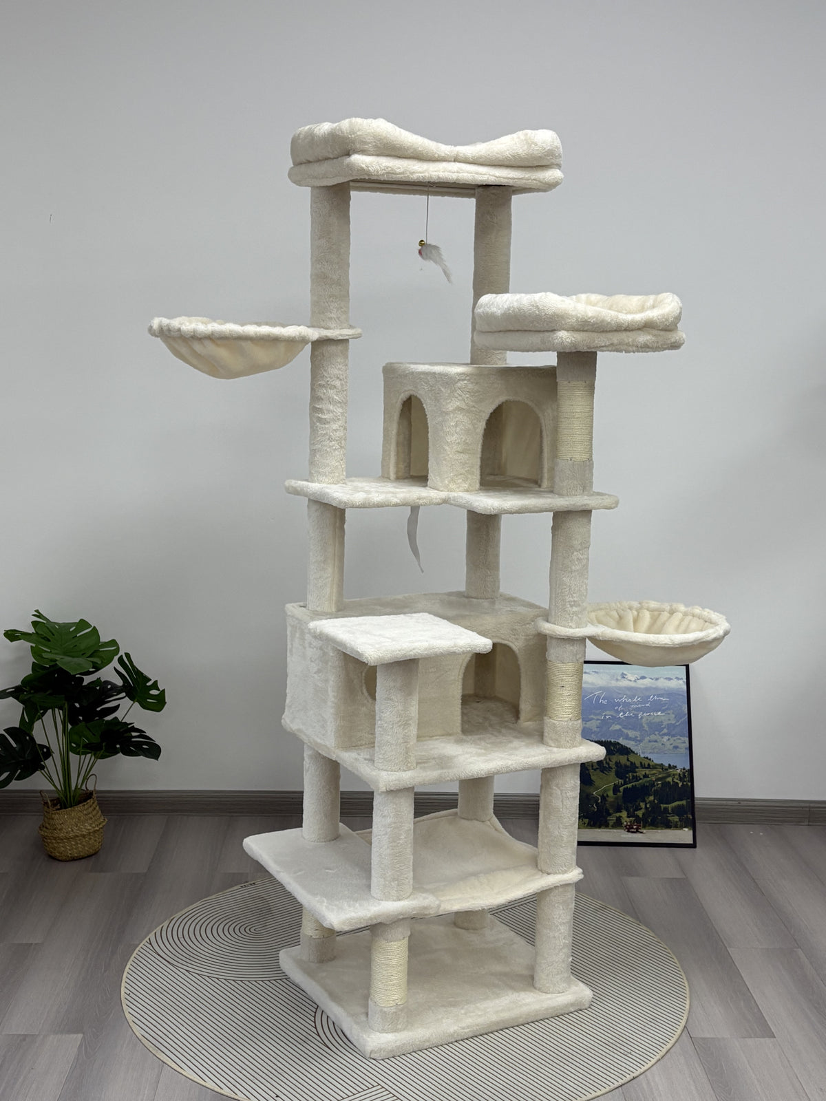 68in Tall Multi-Level Green Cat Tree with Hammocks, Hanging Basket, Cat Cave, Removeable Cushion, Scratching Posts - Plu