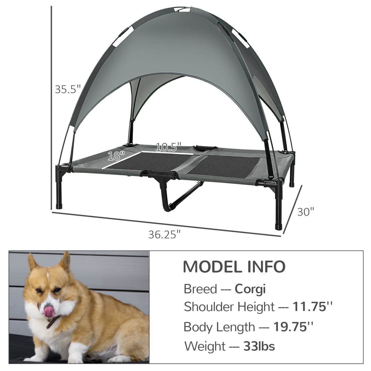 Elevated Dog Bed with Removable Canopy, Outdoor Dog Cot with UV Protection Canopy Shade, 36 inch Large Pet Bed for Campi