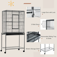 30'' Large Rolling Metal Bird Cage Bird House with Detachable Rolling Stand, Storage Shelf, Wood Perch Food Container - 