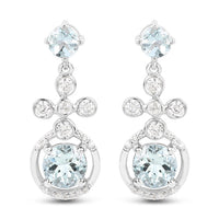 4.42 Carat Genuine Aquamarine and White Zircon .925 Sterling Silver Earrings
