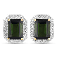 3.57 Carat Genuine Green Tourmaline and White Diamond 14K Yellow Gold Earrings