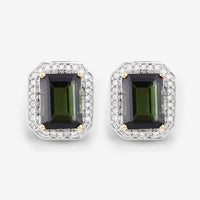 3.57 Carat Genuine Green Tourmaline and White Diamond 14K Yellow Gold Earrings