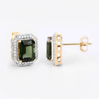 3.57 Carat Genuine Green Tourmaline and White Diamond 14K Yellow Gold Earrings