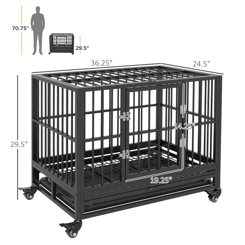 Heavy Duty Dog Crate Metal Cage Kennel With Lockable Wheels, Double Door And Removable Tray, Gray