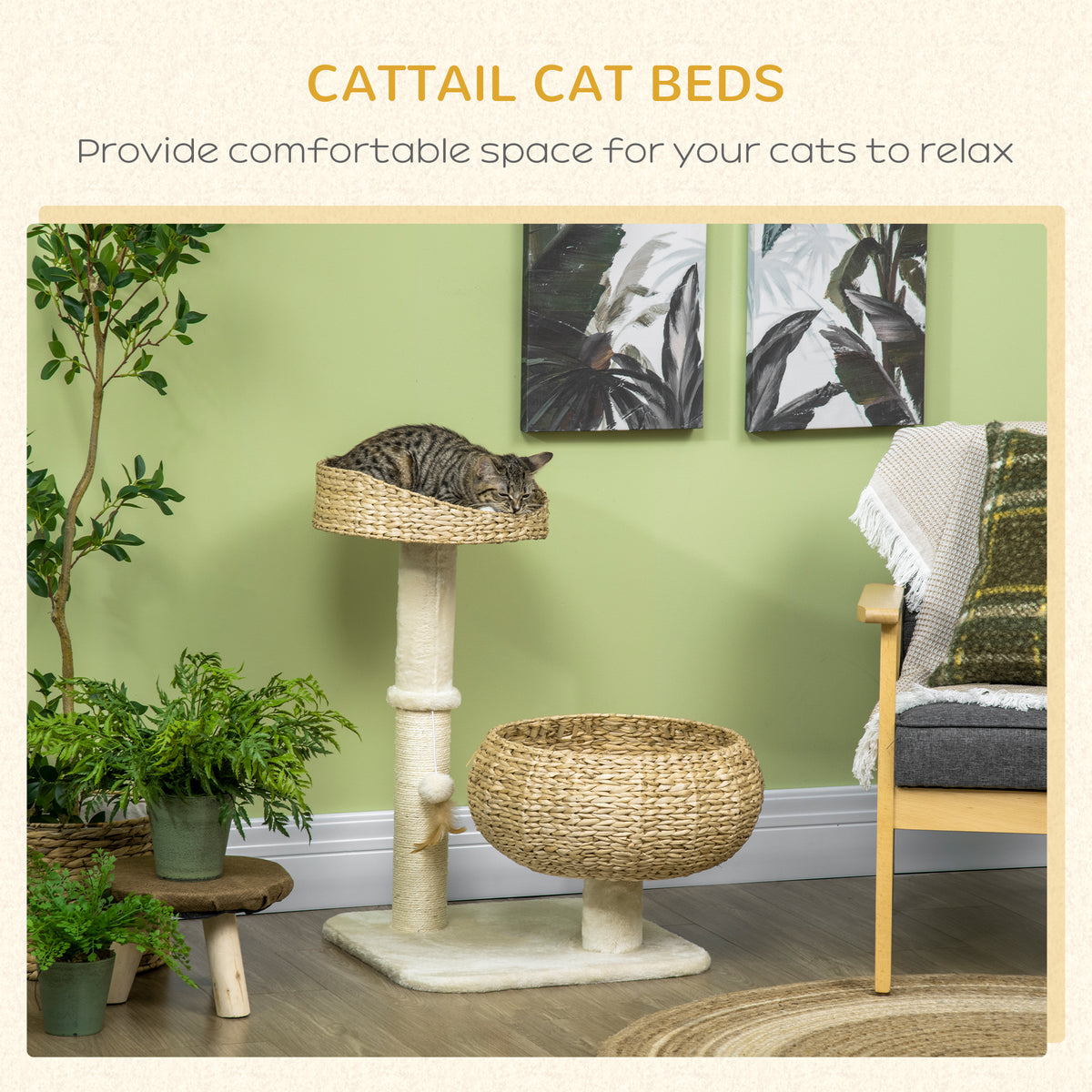 28" Elevated Cat Bed with Sisal Scratching Post for Indoor Kitties, Modern Cat Tree with Cute Basket Design, Small Cat T