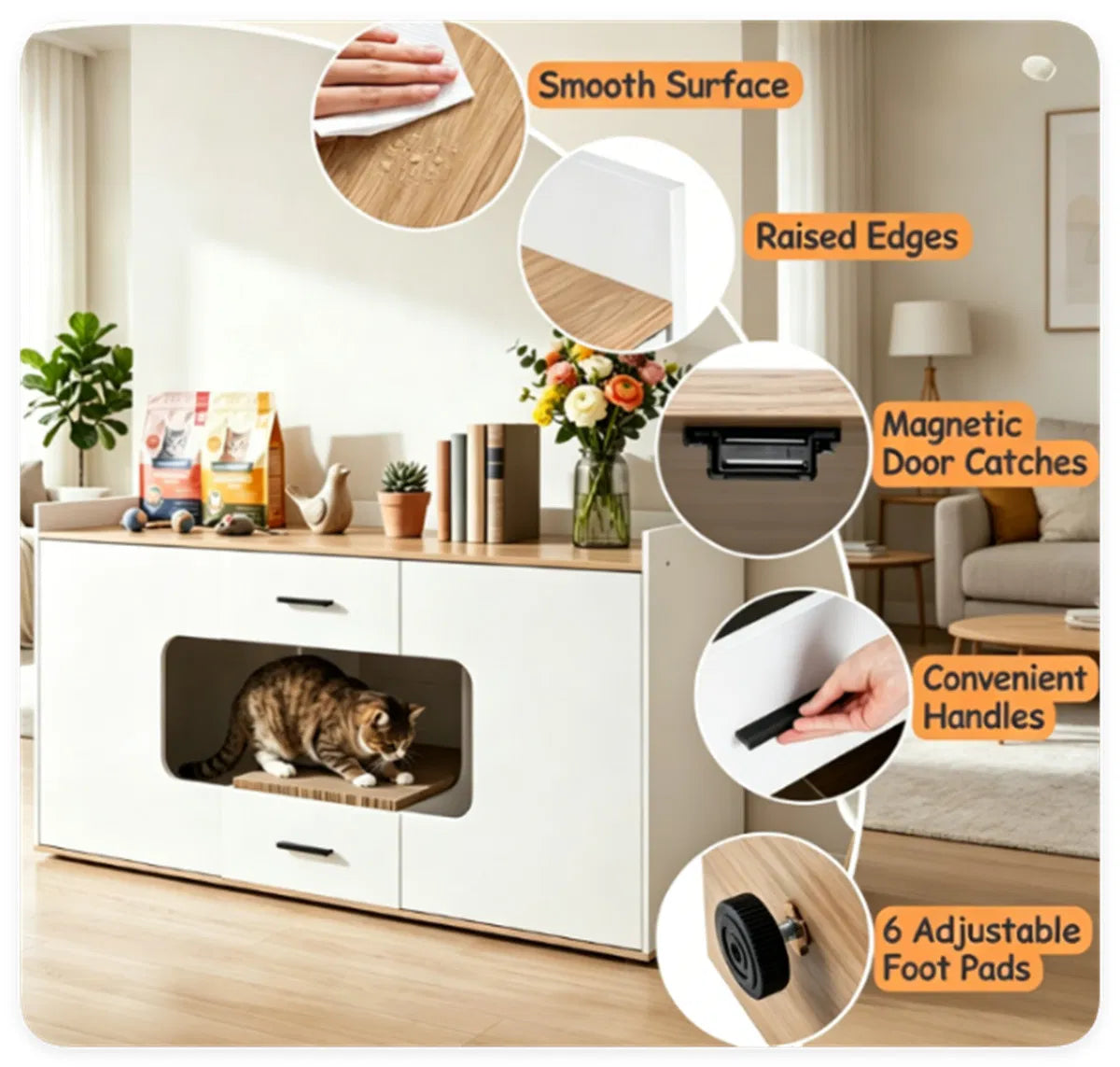 Large Cat Litter Box Enclosure Furniture with Storage Drawers & Built-In Scratching Board, Hidden Cat Washroom Cabinet w