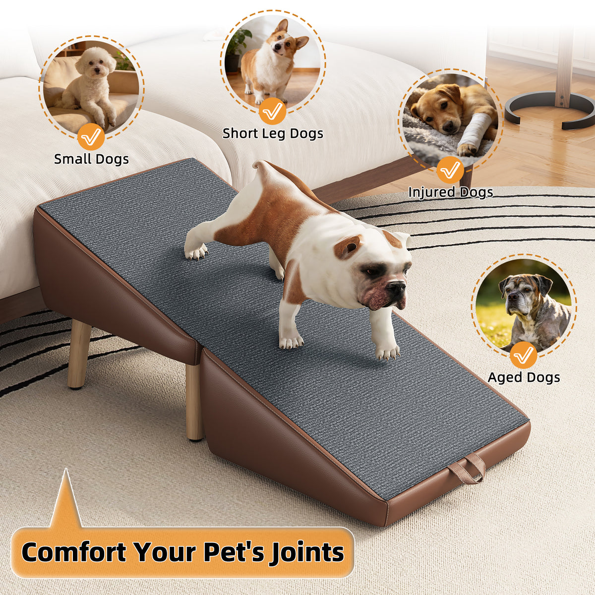 (UPGRADED) Dog Stairs for Small Dogs and Cats, Dog Ramp for Couch and Bed, Foldable 2-in-1 Wooden Pet Steps for Puppy, S