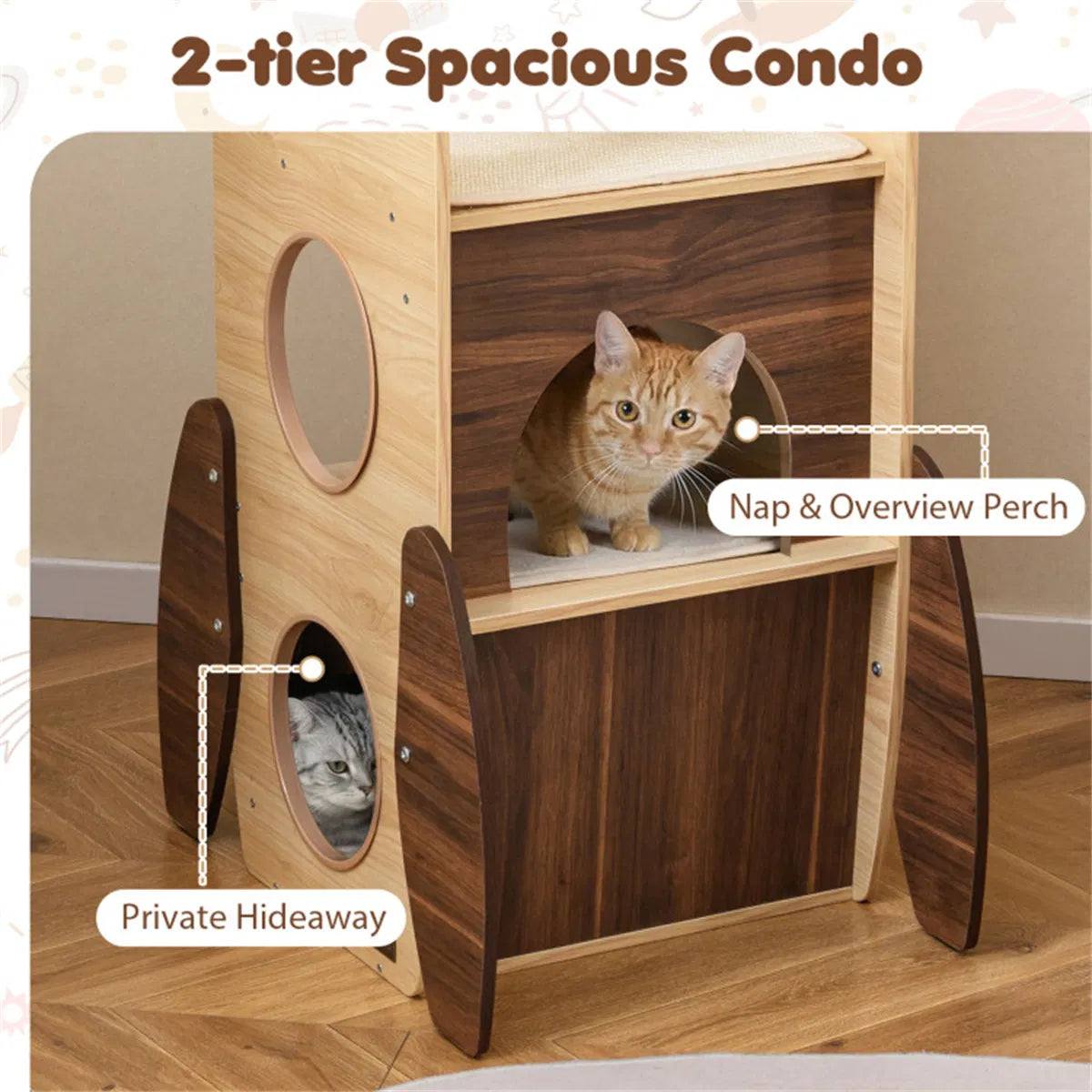 4-Tier Rocket Shape Cat Tree with 2-Tier Condo Sisal Scratch Pad Hanging Pompom Natural+White
