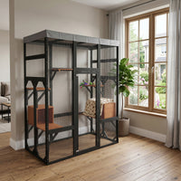 62.6" Black Wooden Catio for Cats, Large Cat Enclosure with Waterproof cover, 2 Napping House, Platforms & Galvanized Me