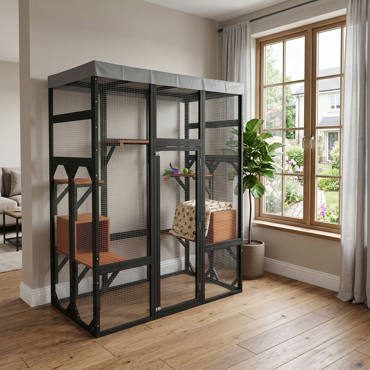 62.6" Black Wooden Catio for Cats, Large Cat Enclosure with Waterproof cover, 2 Napping House, Platforms & Galvanized Me