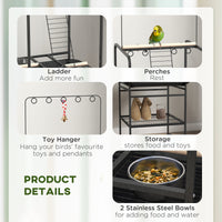 Bird Stand with Wheels, Perches, Stainless Steel Feed Bowls, Pull-Out Tray for Indoor Outdoor Small Parrot, Dark Gray