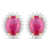 3.14 Carat Genuine Ruby and White Diamond 14K Yellow Gold Earrings