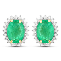 2.66 Carat Genuine Zambian Emerald and White Diamond 10K Yellow Gold Earrings