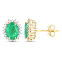 2.66 Carat Genuine Zambian Emerald and White Diamond 10K Yellow Gold Earrings