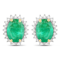 2.66 Carat Genuine Zambian Emerald and White Diamond 14K Yellow Gold Earrings