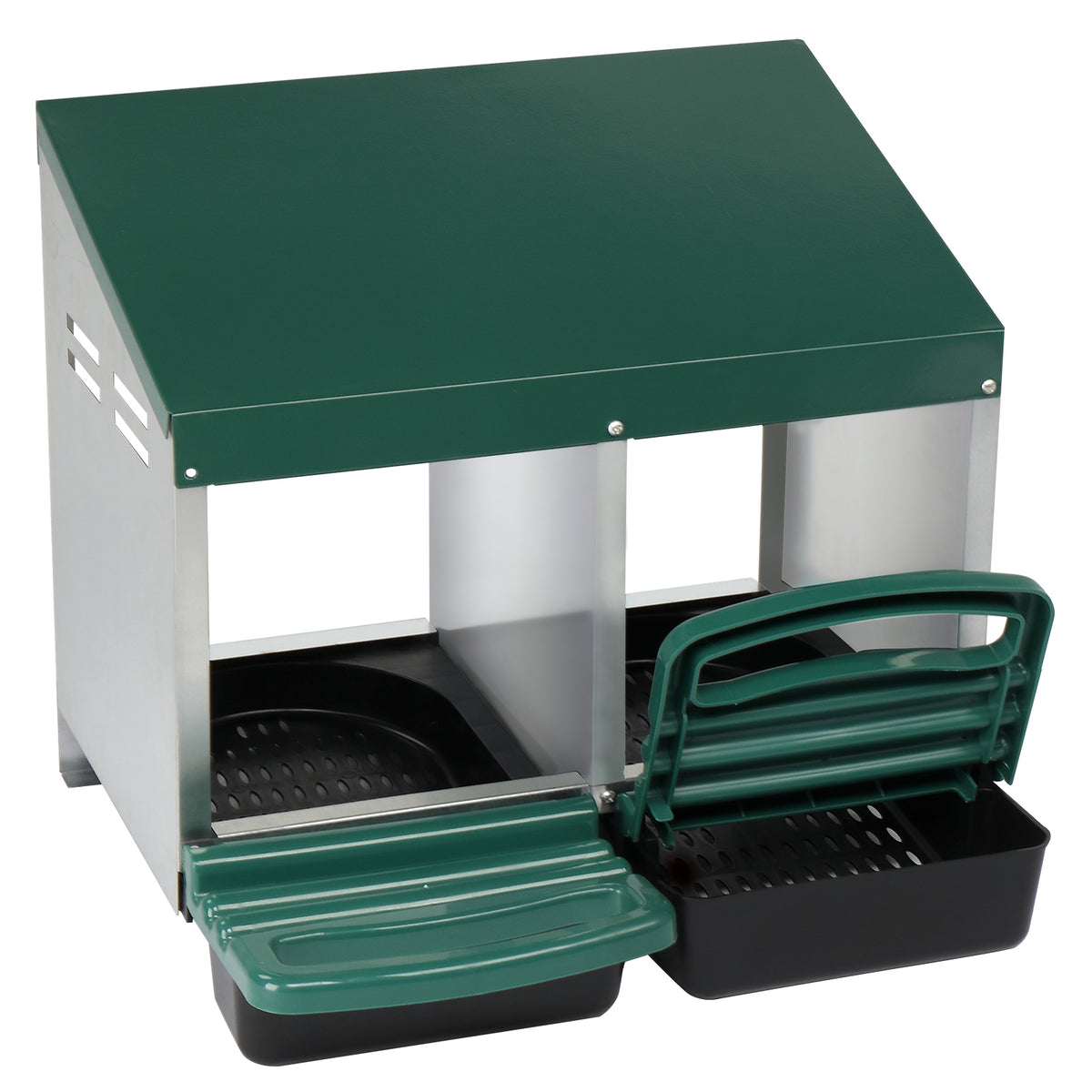 2 Compartments 54x52x47cm Pitched Roof House Iron-plastic Green Chicken Feeding Trough