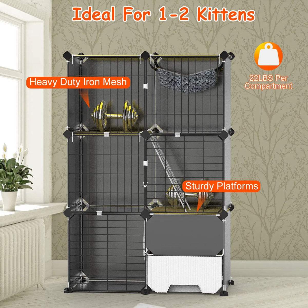 1Pc 3 Tier Cat Cage Indoor with Litter Box Hammock Detachable Metal Wire Cat Kennel Cat House Cat Enclosure with Ladder 