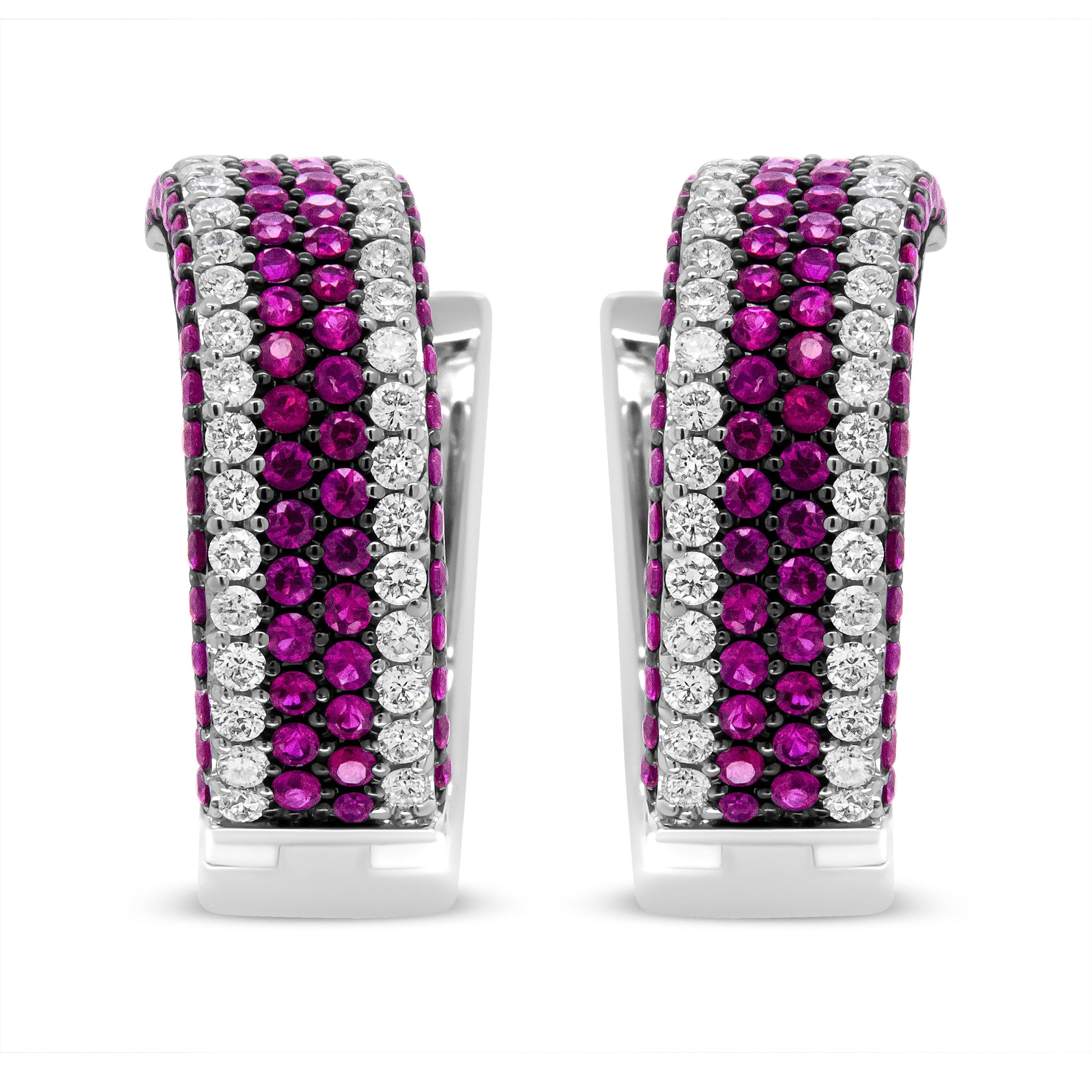 18K White Gold 1 7/8 Cttw Diamond and 1mm Round Red Ruby Open Swish Hoop Earrings (F-G Color, VS1-VS2 Clarity)