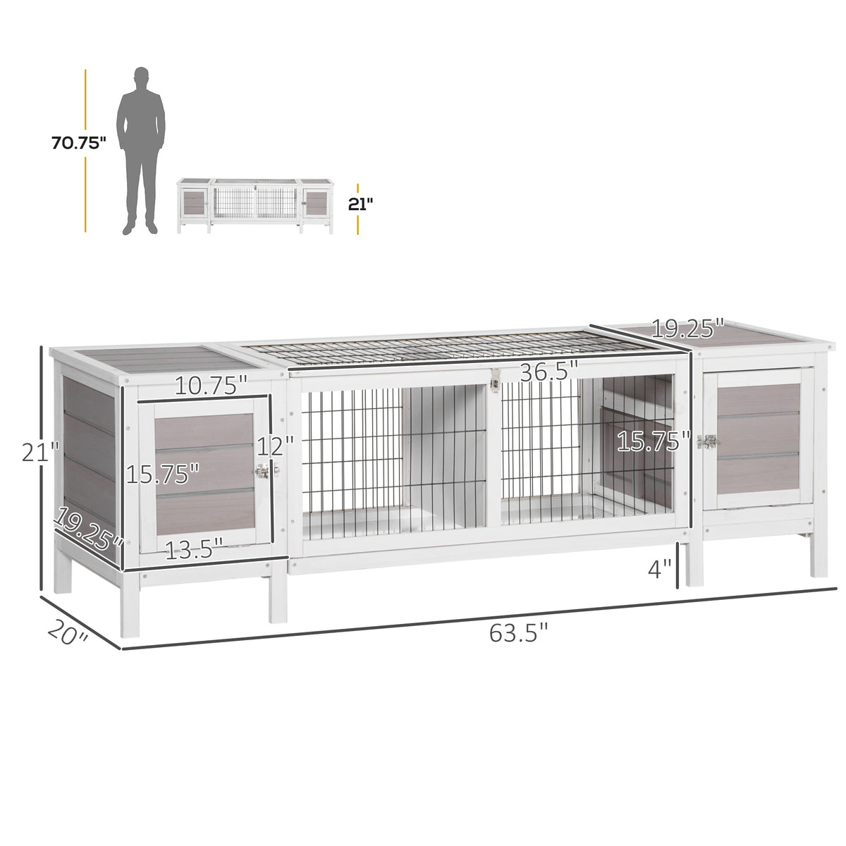 Rabbit Hutch, Bunny Cage, Guinea Pig House with Pull-Out Tray, and Divided Board for Indoor, White