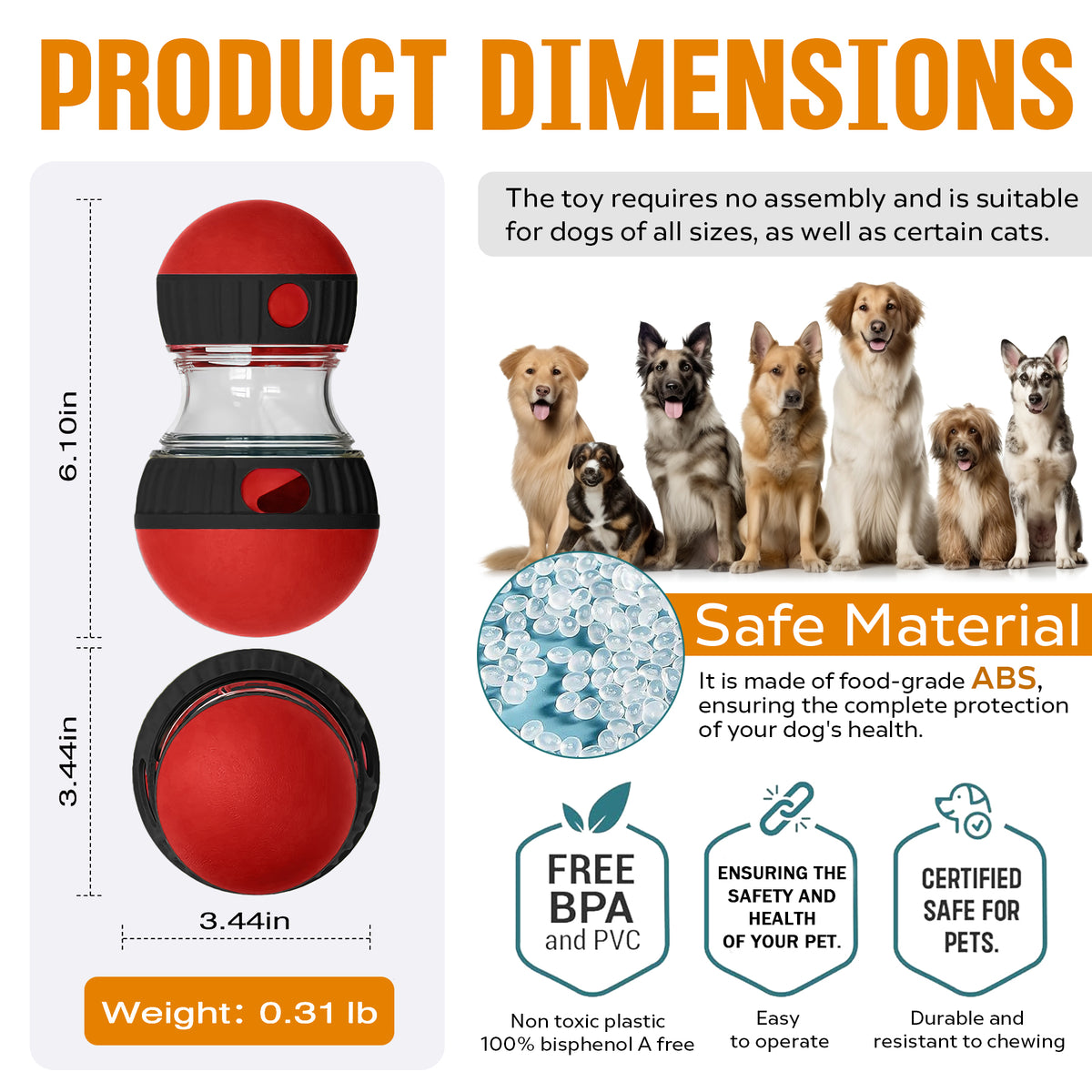 Dog Puzzle Toy, Adjustable Treat Dispensing Ball Food Dispenser Tough Slow Feeder Puppy Enrichment Training Toy Pet Inte