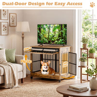 32in Dog Crate Furniture, Double Door Wooden Indoor Dog Kennel Furniture, Decorative Pet Cage End Table With Wheels For 