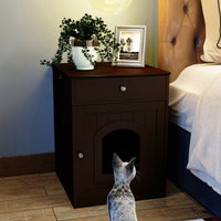 Black Wooden Cat Litter Box Enclosure W Drawer & Side Table, Indoor Pet Crate Nightstand For Home