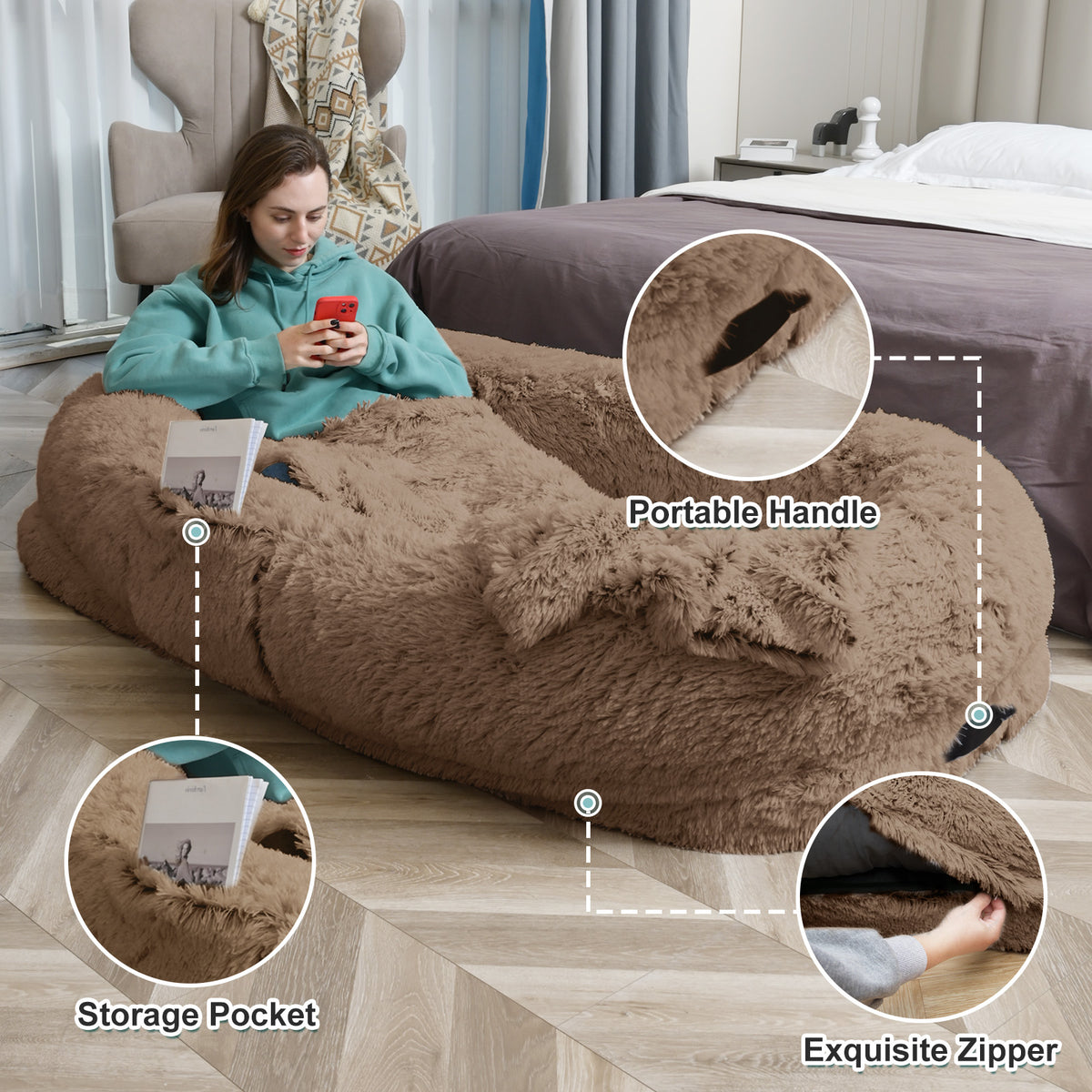 Human Dog Bed - 63 In X 31.4 In X 9.5 In Washable Faux Fur Lounger For Adults & Pets, Cushion With Orthopedic Support, I