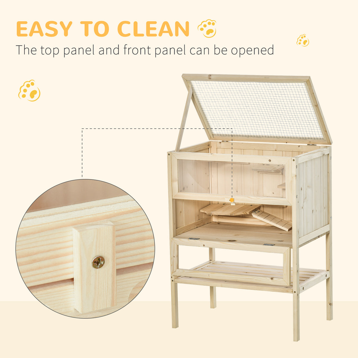 3-Tier Wooden Hamster Cage Mice and Rat Cage Small Animals Hutch with Openable Top, Front Door, Shelf, Natural Wood