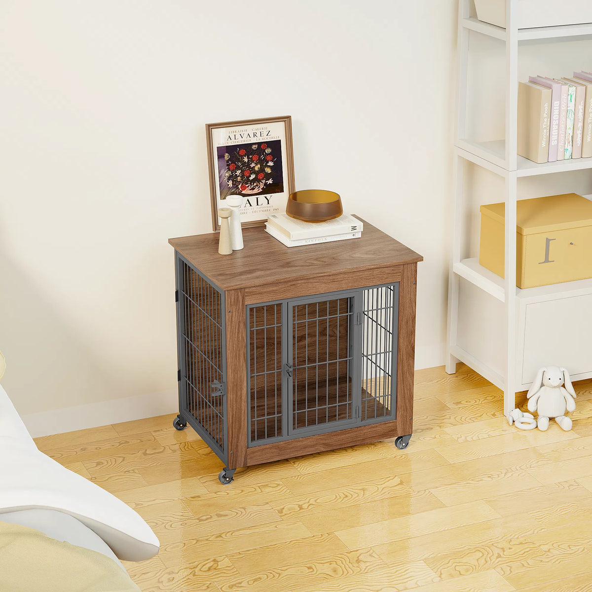 27.2" Dog Crate Furniture with Wheels for Small Dogs, Heavy Duty Dog Kennel Indoor with 2 Doors, Wooden Pet Cage End Tab