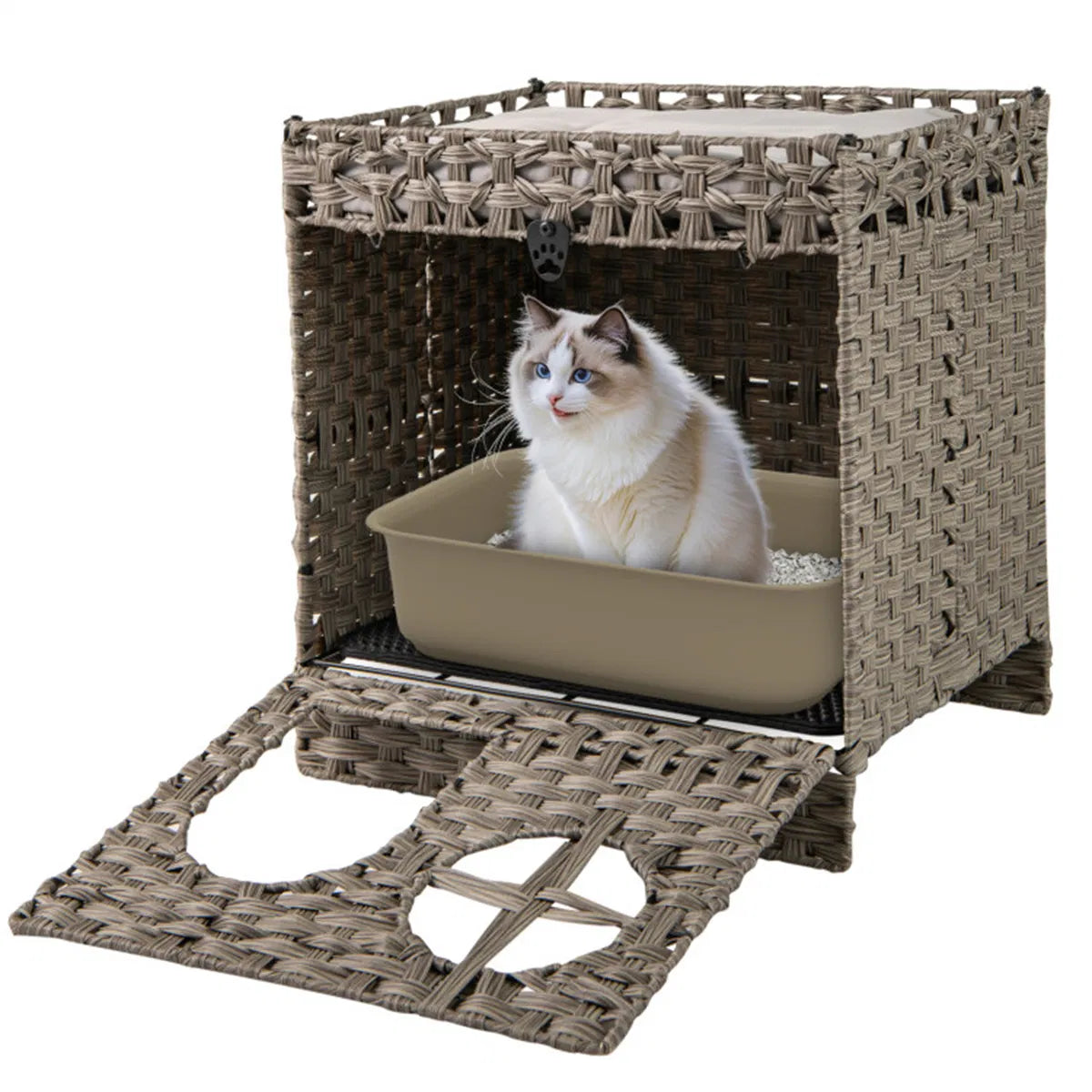 2-Tier Wicker Cat Condo with Litter Mat - Hidden Litter Box Enclosure, Detachable Washable Cushion, Gray Rattan