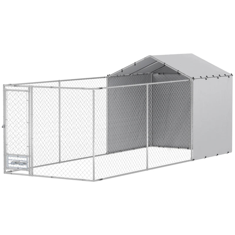 Galvanized Chain Link Large Outdoor Dog Kennel With Waterproof & UV-Resistant Cover, For M&L Dogs, 19.7' X 7.5' X 7.5',M