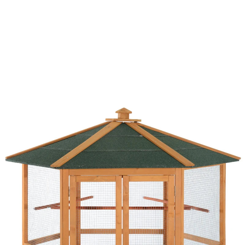 PawHut 69 Wooden Hexagonal Outdoor Aviary Flight Bird Cage With Covered Roof, BrownFor Multiple Packages, Please Pay Att