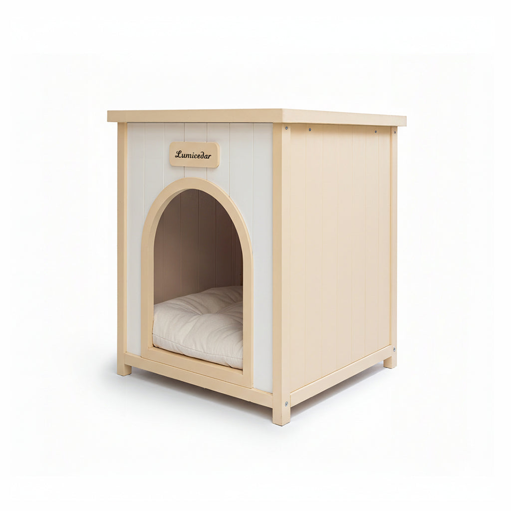 Modern Indoor Wooden Dog House with Removable Cushion – Solid Cedar Pet House for Small Dogs & Cats, Furniture-Grade Sca