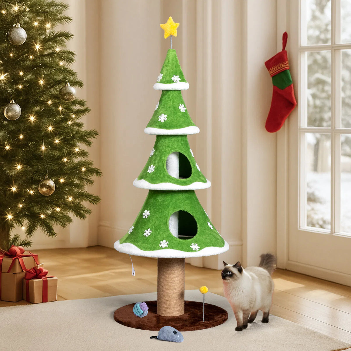 59in Large Tall Christmas Tree Cat Tower with 2 Cat Condos & Scratching Post, Soft Fleece Cat Tree with Teaser Toy & Stu