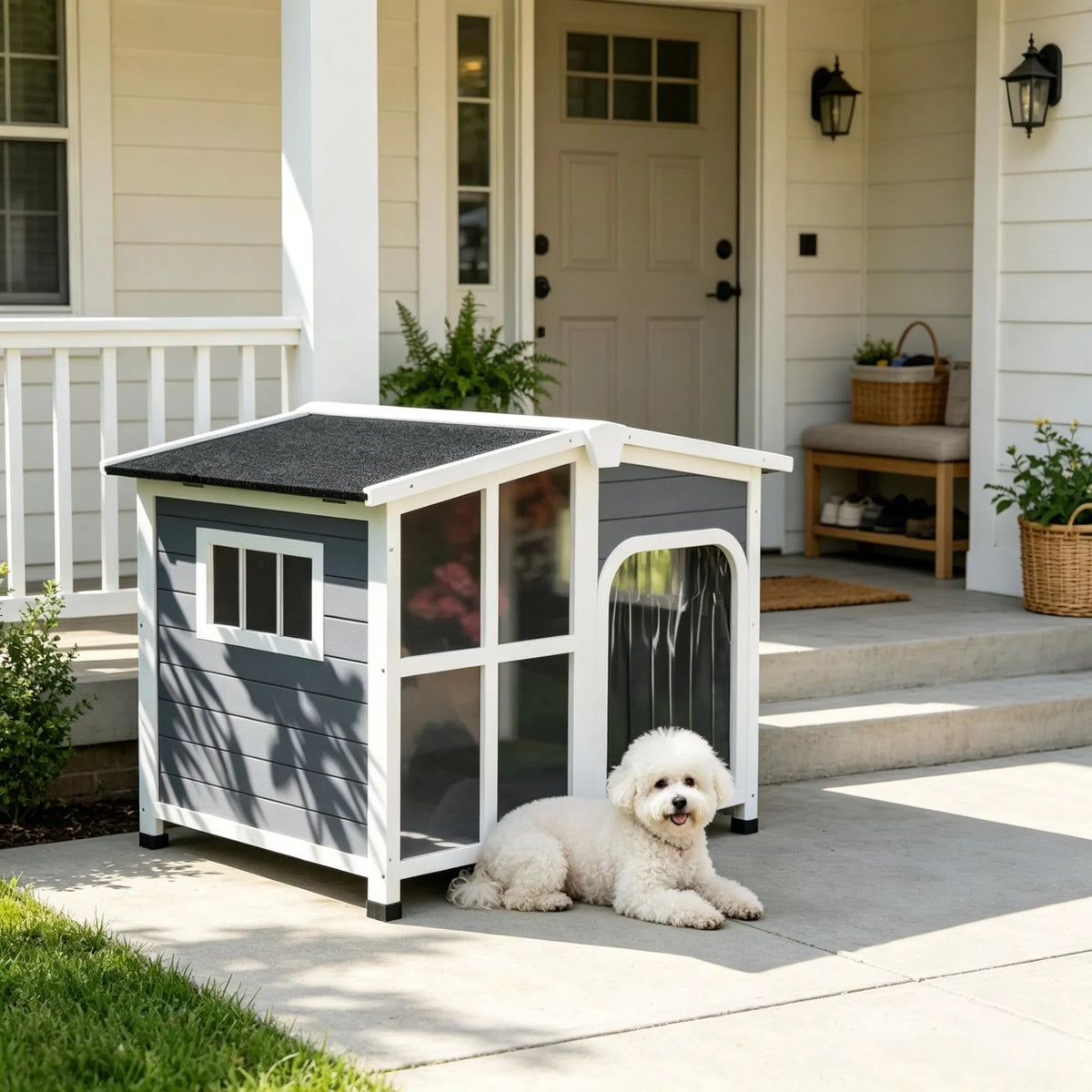 Large Dog House Cabin-Style Wooden Pet Shelter with Openable Roof And Giant Window Gray
